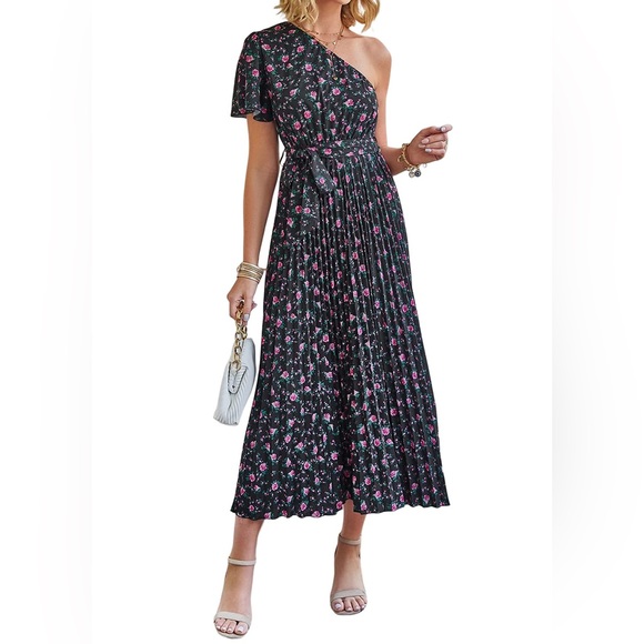 Women One Shoulder Pleated Maxi Dress Summer Floral Boho Long Dress Small NEW - Picture 1 of 1